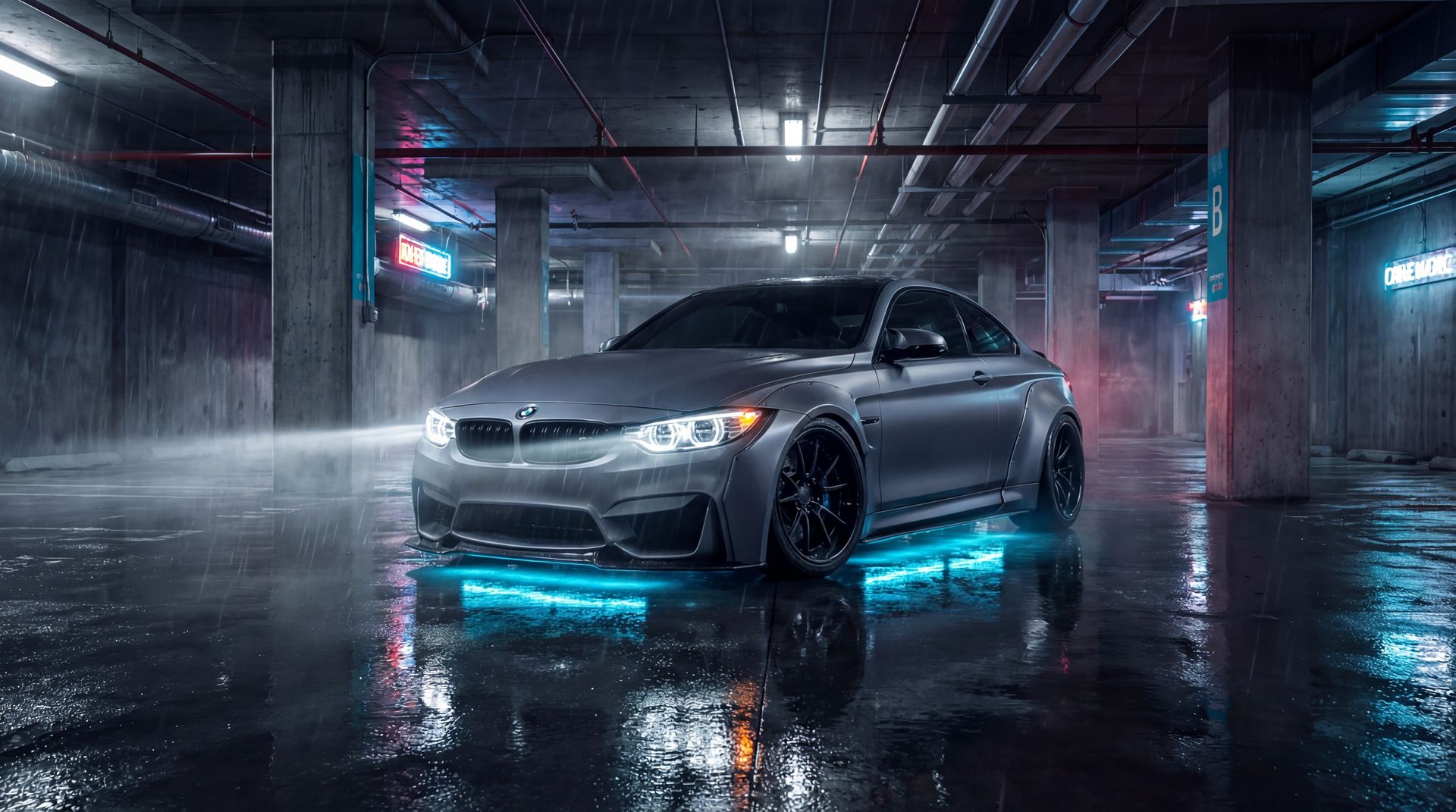 媚黑夜间改装视频：宝马M4宽体套件安装与氛围灯调试